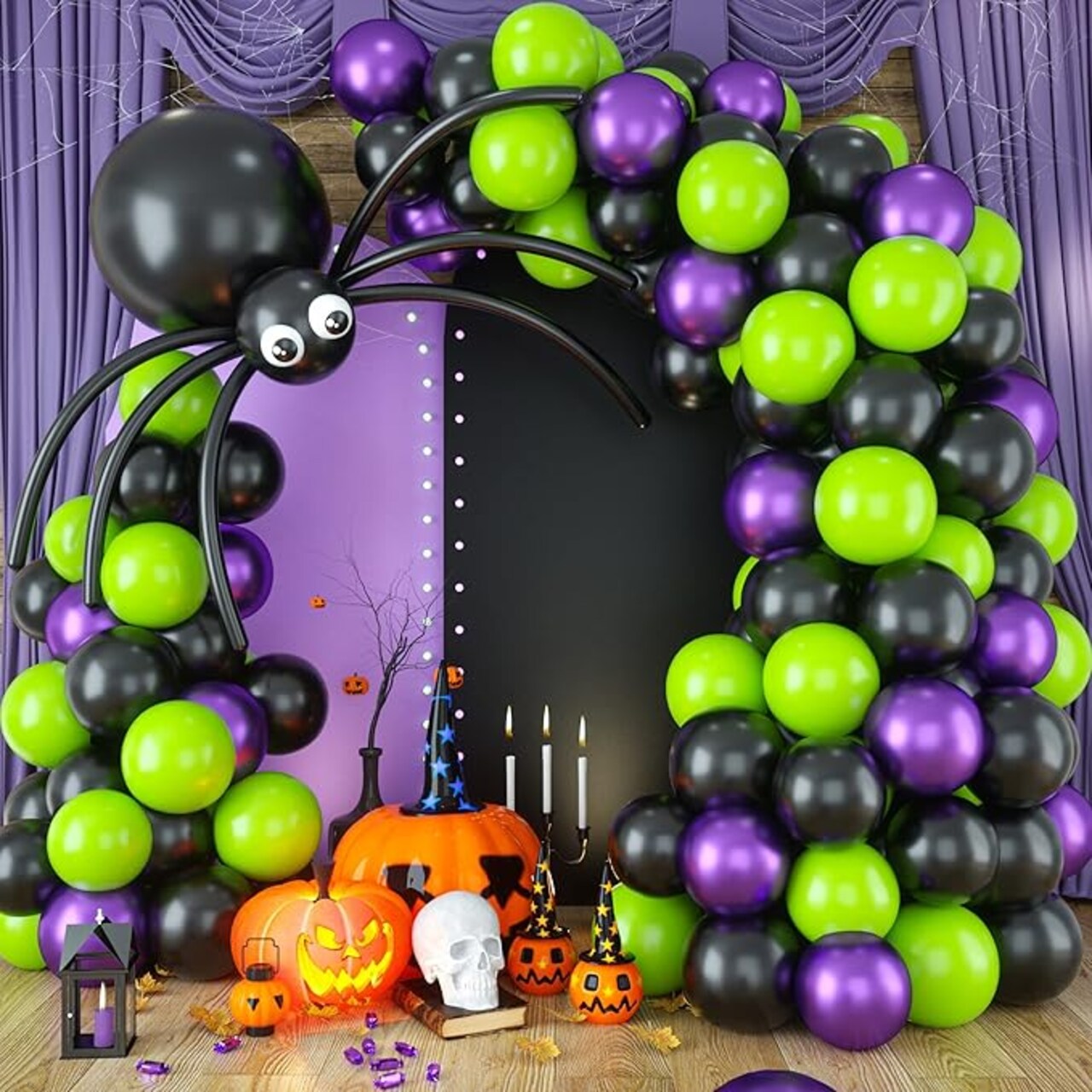 Halloween Balloon Arch Garland Kit with Big Spider DIY Balloons, Matte Black Lime Green Purple Metallic Latex Balloons Garland with Eye Balloons for Halloween Party Home Garden Outdoor Decorations